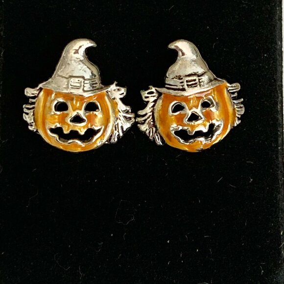 Vintage Jack O Lantern Pumpkin Post Stud Earrings Orange Halloween Scarecrow - Picture 3 of 10